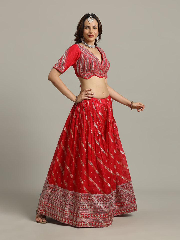 Embroidered Banarasi Choli With Lehenga &amp; Dupatta