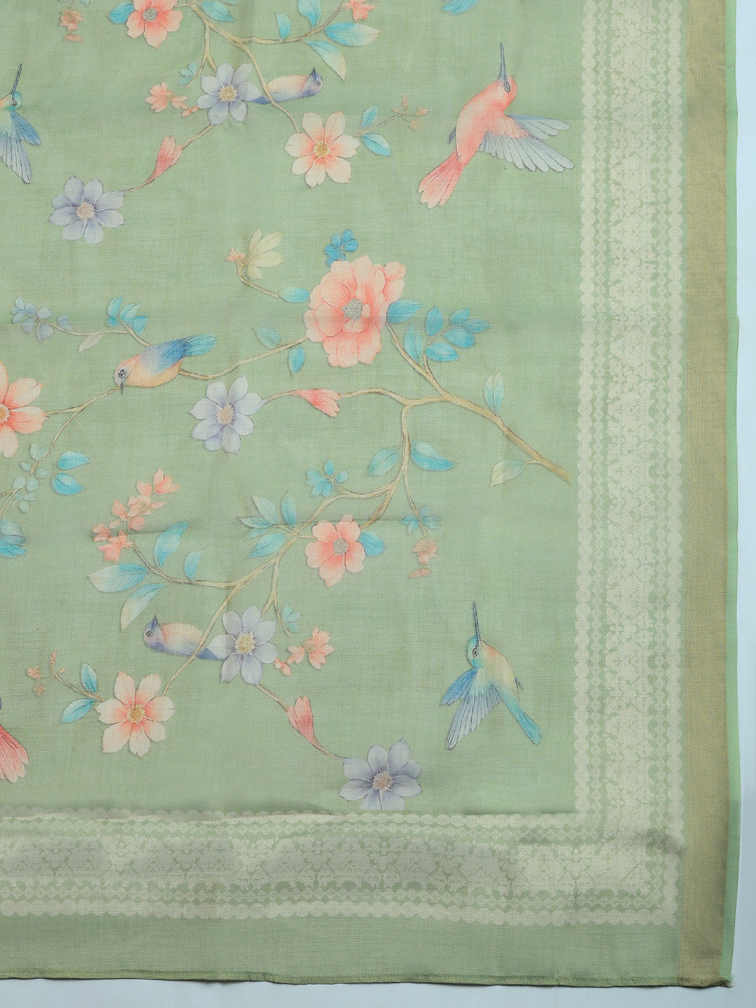 Printed Linen Blend Unstitched Suit With Pant &amp; Dupatta