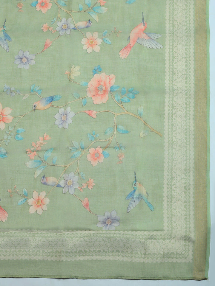Printed Linen Blend Unstitched Suit With Pant &amp; Dupatta