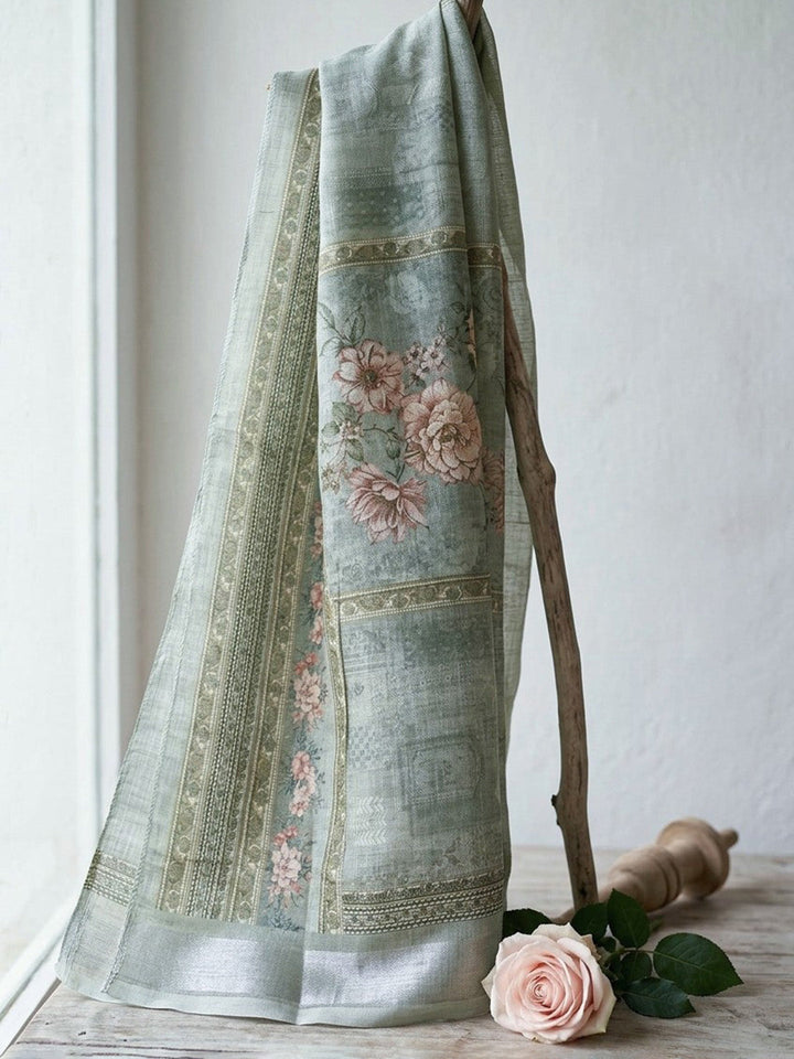 Printed Linen Blend Unstitched Suit With Pant &amp; Dupatta