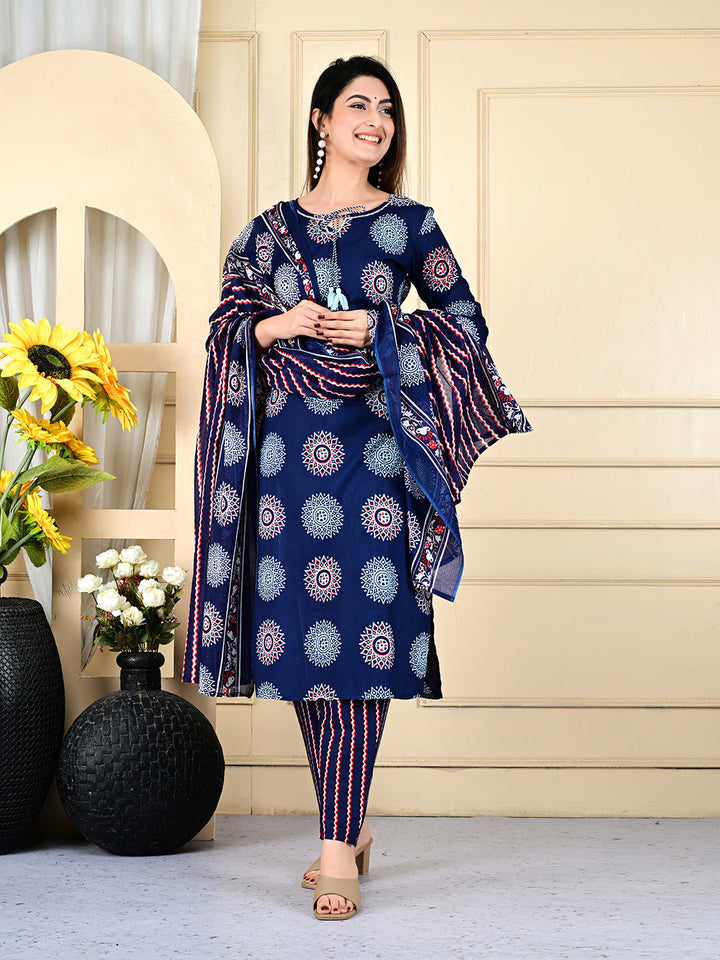 Printed Cotton Blend Kurta With Pants &amp; Dupatta