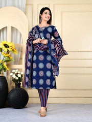 Printed Cotton Blend Kurta With Pants & Dupatta