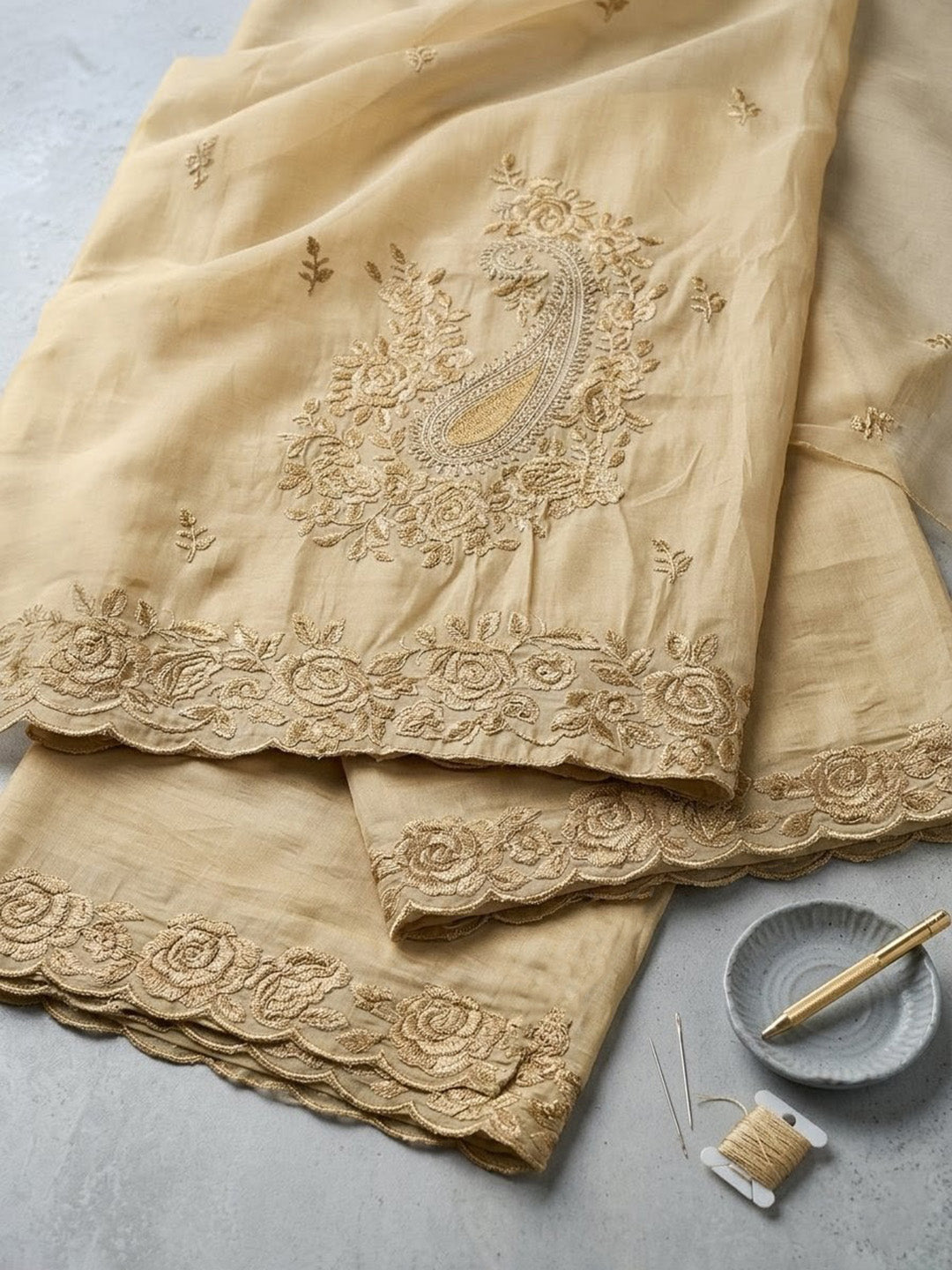 Embroidered Chanderi Unstitched Suit With Pant &amp; Dupatta