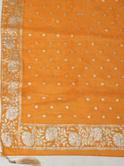 Embroidered Chanderi Cream-Orange Unstitched Suit With Pant & Dupatta