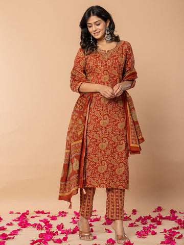 Paisley Printed Cotton Blend Kurta With Pants & Dupatta