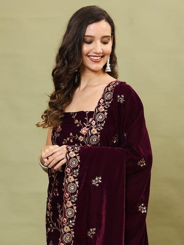 Neck Embroidered Velvet Unstitched Suit Piece With Dupatta