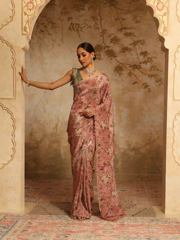 Floral Printed & Sequin Embroidery Organza Tissue Saree