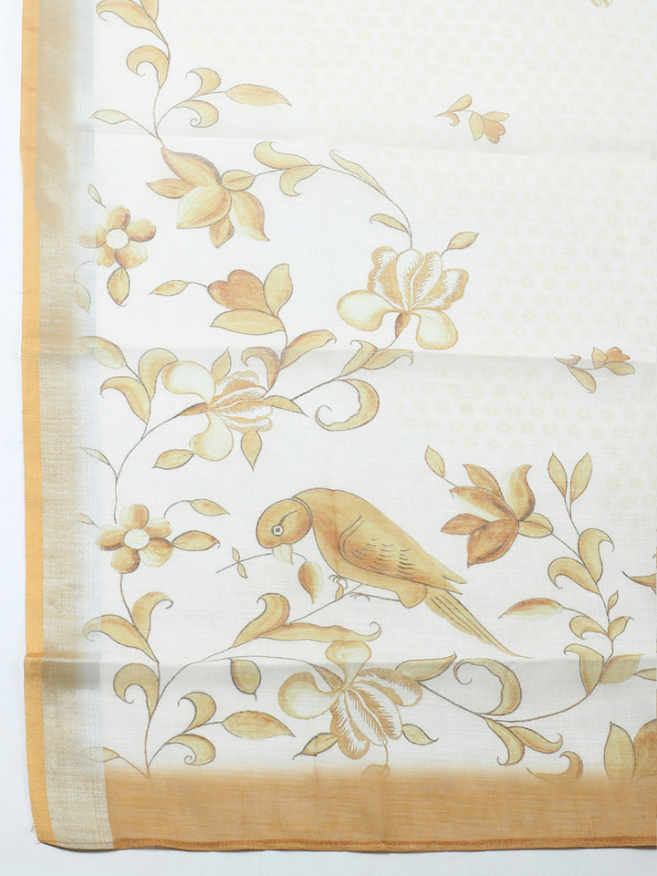 Printed Linen Blend Unstitched Suit With Pant &amp; Dupatta