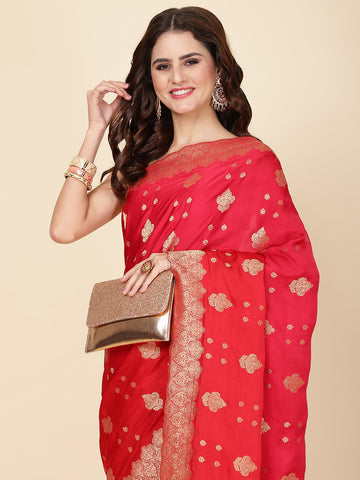 Zari Border Booti Woven Satin Saree