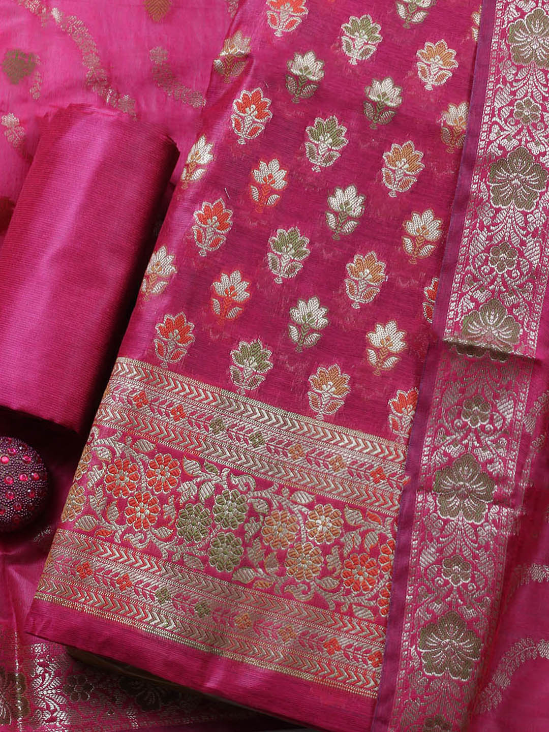 Banarasi Chanderi Unstitched Suit With Pant &amp; Dupatta
