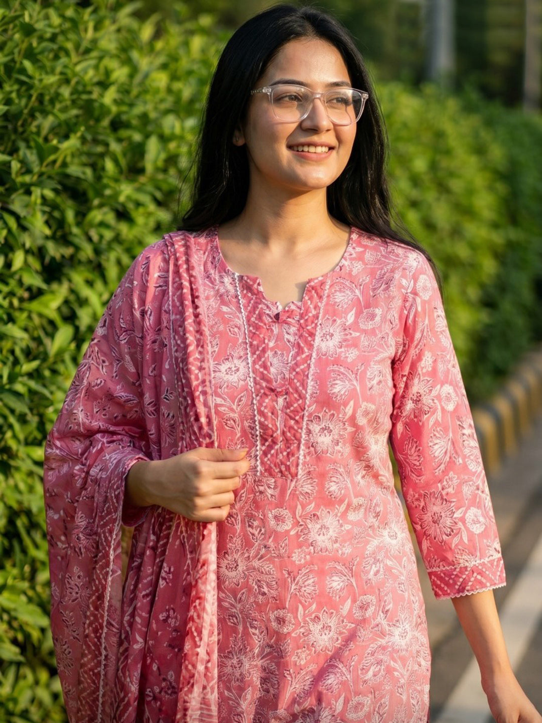 Pink Printed Cotton Blend Straight V Neck Suit Set