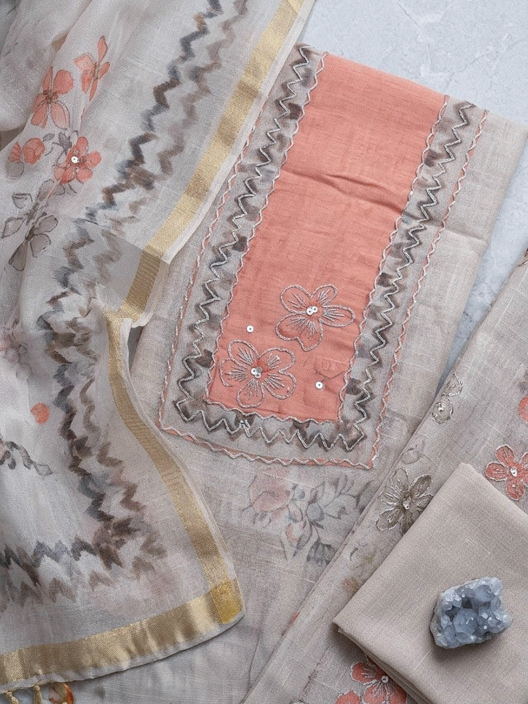 Printed Linen Blend Unstitched Suit With Pant &amp; Dupatta