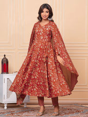 Printed Cotton Blend Kurta With Pants & Dupatta