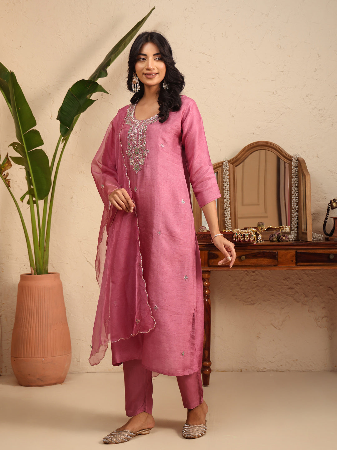 Embroidered Cotton Kurta With Pant &amp; Dupatta