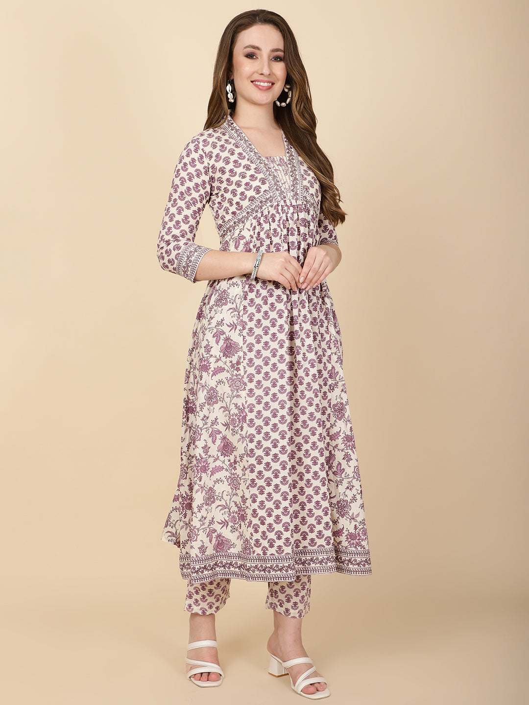 Floral Printed Cotton Blend Purple Cream Suit With Pant &amp; Dupatta
