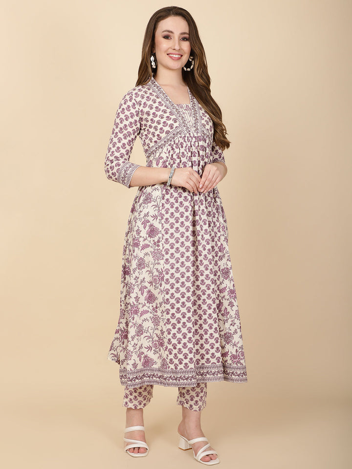 Floral Printed Cotton Blend Purple Cream Suit With Pant &amp; Dupatta
