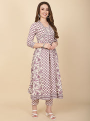 Floral Printed Cotton Blend Purple Cream Suit With Pant & Dupatta