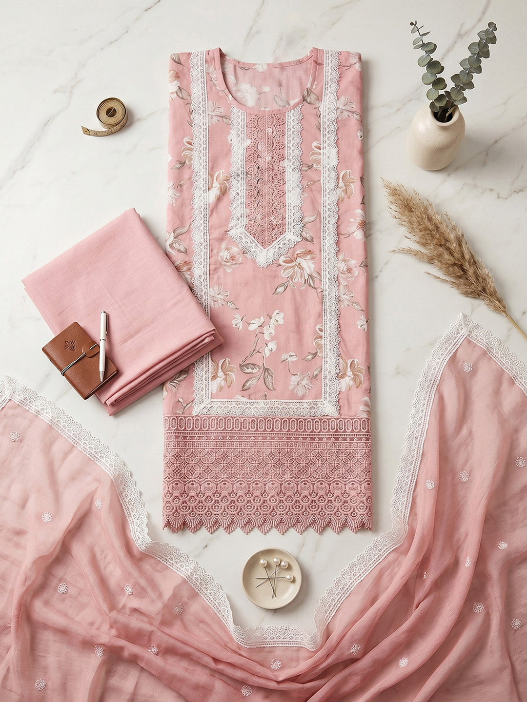 Neck Embroidered Cotton Blend Unstitched Suit With Dupatta