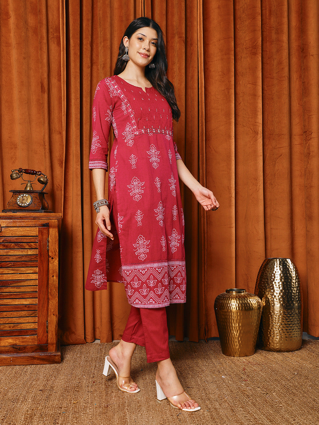 Printed Cotton Blend Kurta With Pants & Dupatta