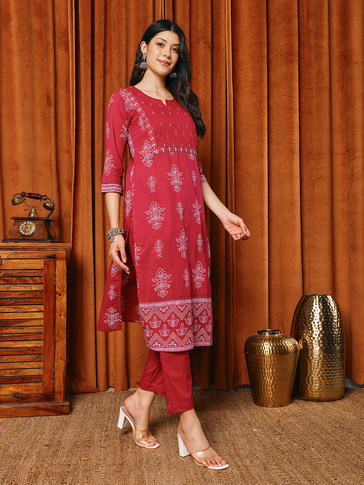 Printed Cotton Blend Kurta With Pants &amp; Dupatta