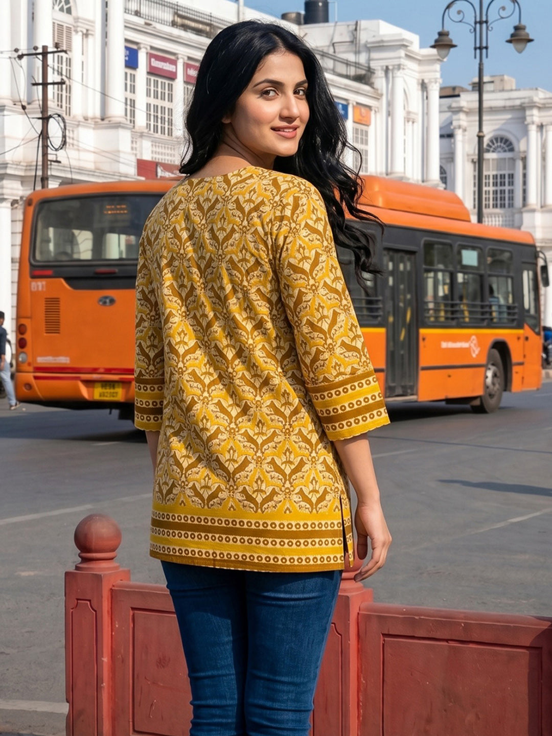 Yellow Embroidered Cotton Blend Straight Round Neck Suit Set
