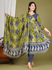 Printed Chanderi Kurta With Pants & Dupatta