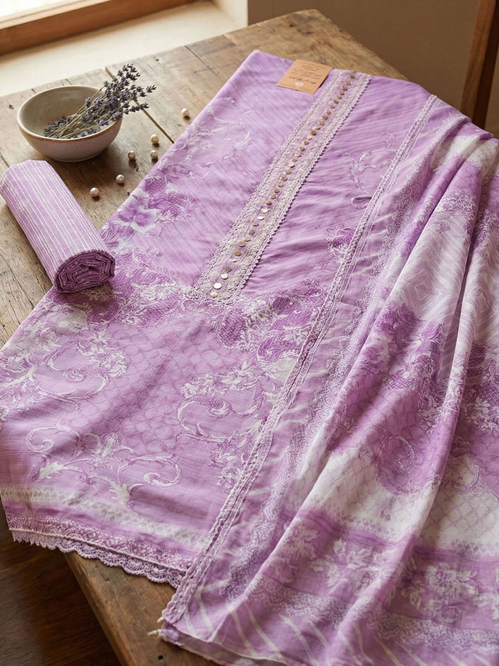 Embellished Cotton Blend Unstitched Suit With Pant &amp; Dupatta