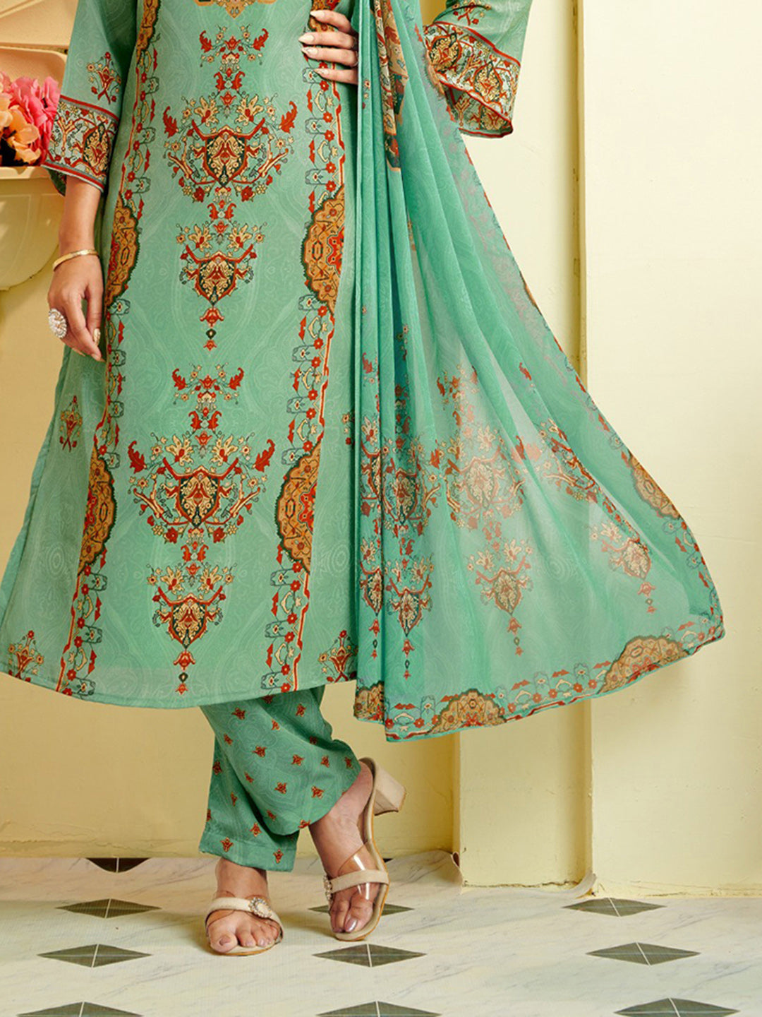 Printed Crepe Unstitched Suit With Pant &amp; Dupatta