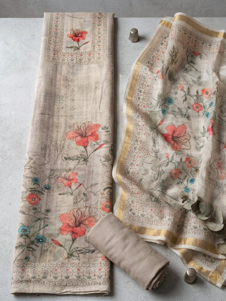 Printed Linen Blend Unstitched Suit With Pant &amp; Dupatta