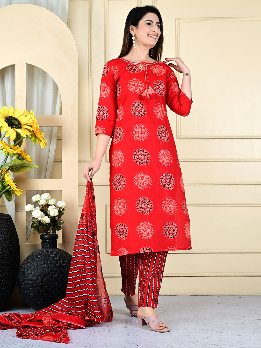 Printed Cotton Blend Kurta With Pants &amp; Dupatta