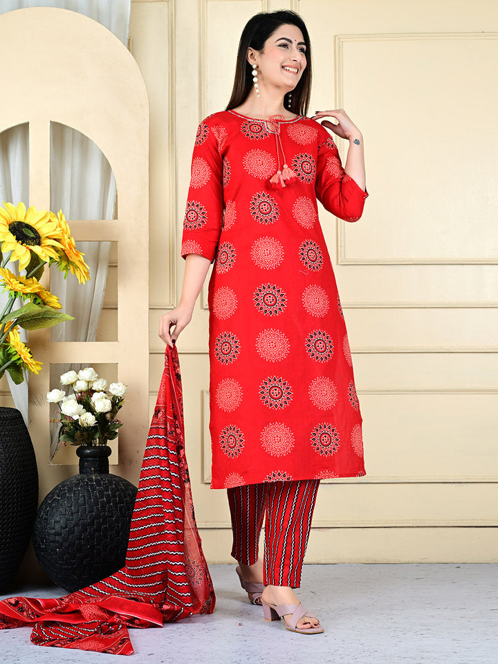 Printed Cotton Blend Kurta With Pants &amp; Dupatta