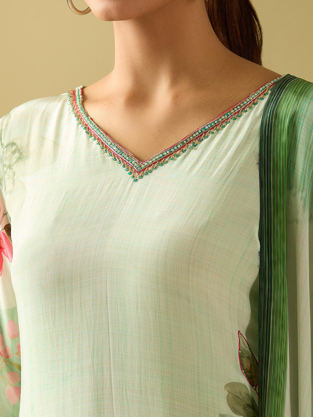 Neck Embroidery Crepe Kurta With Pants &amp; Dupatta