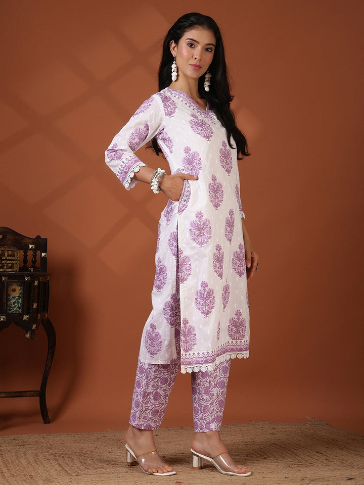 Printed Cotton Blend Kurta With Pant &amp; Dupatta