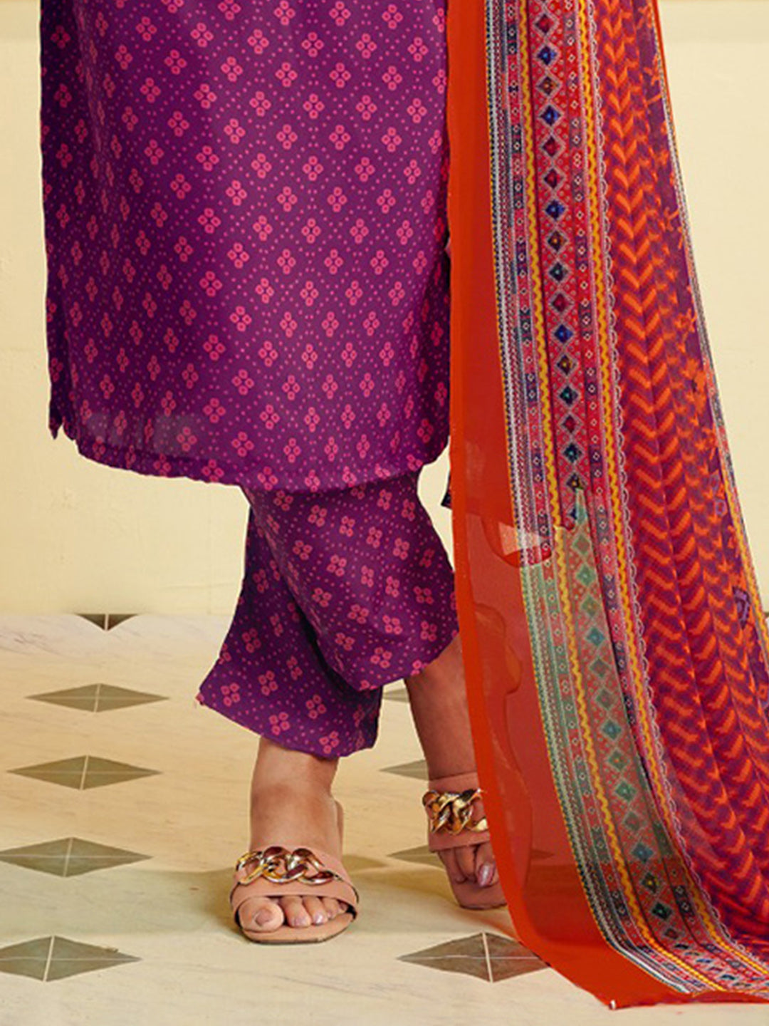 Printed Crepe Unstitched Suit With Pant &amp; Dupatta