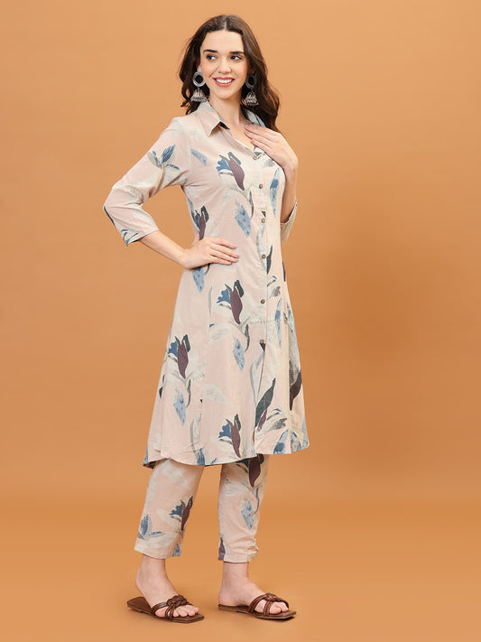 Floral Printed Cotton Blend Kurta With Pants