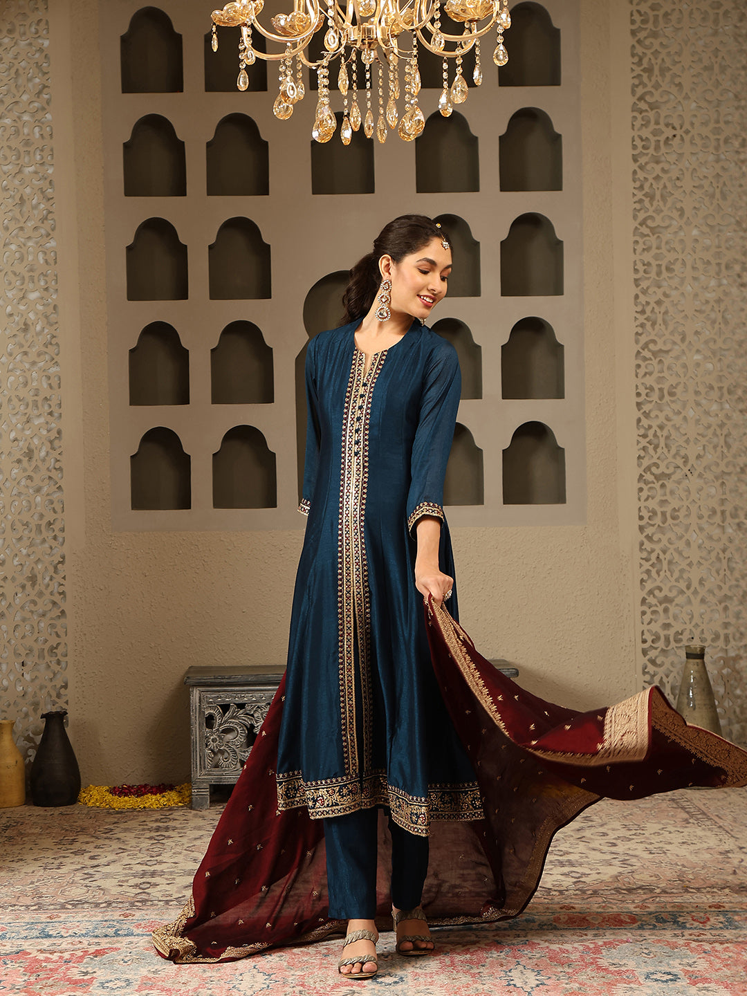 Zari Embroidery Handloom Kurta With Pants &amp; Dupatta