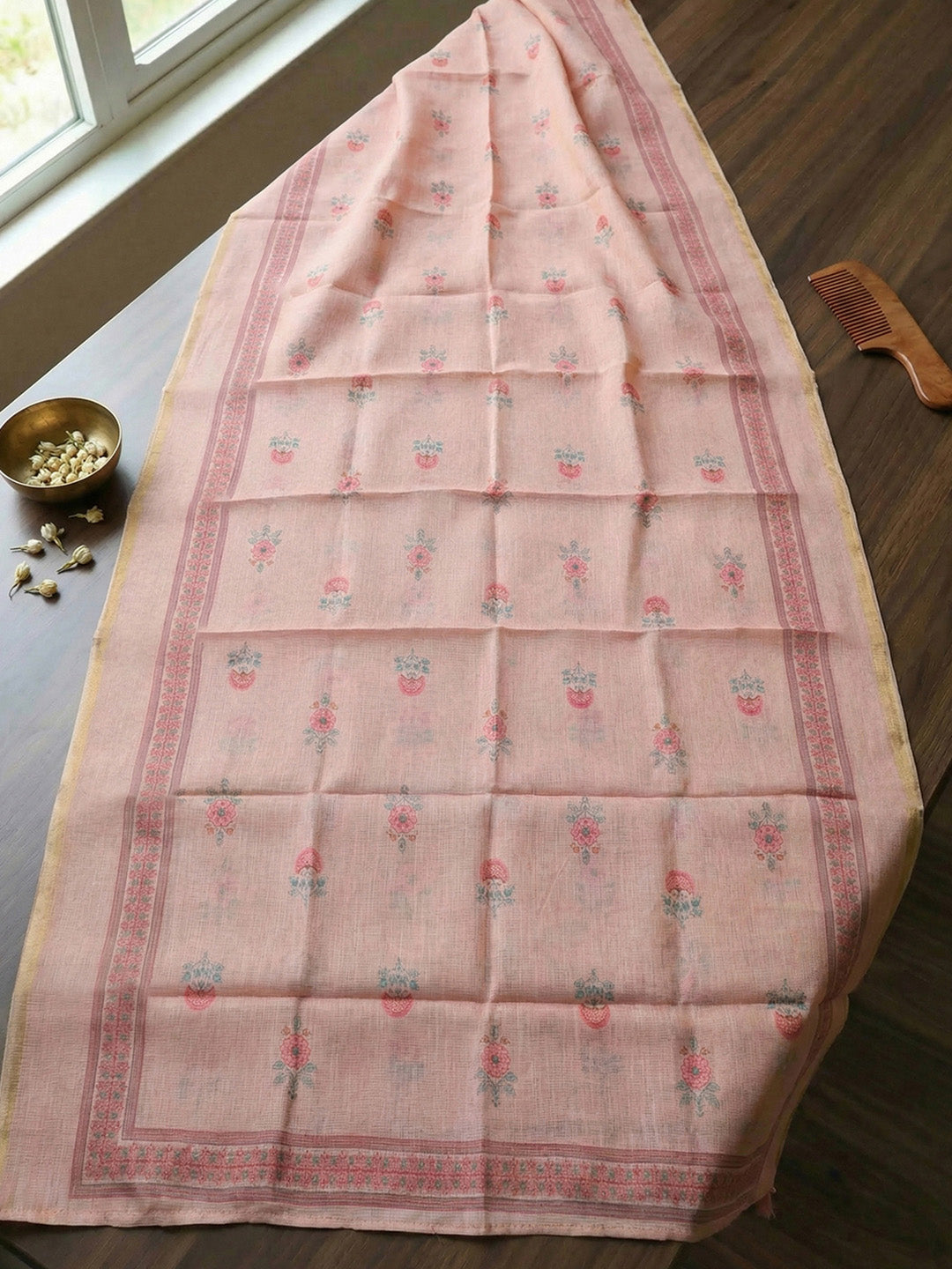 Printed Linen Blend Unstitched Suit With Pant &amp; Dupatta
