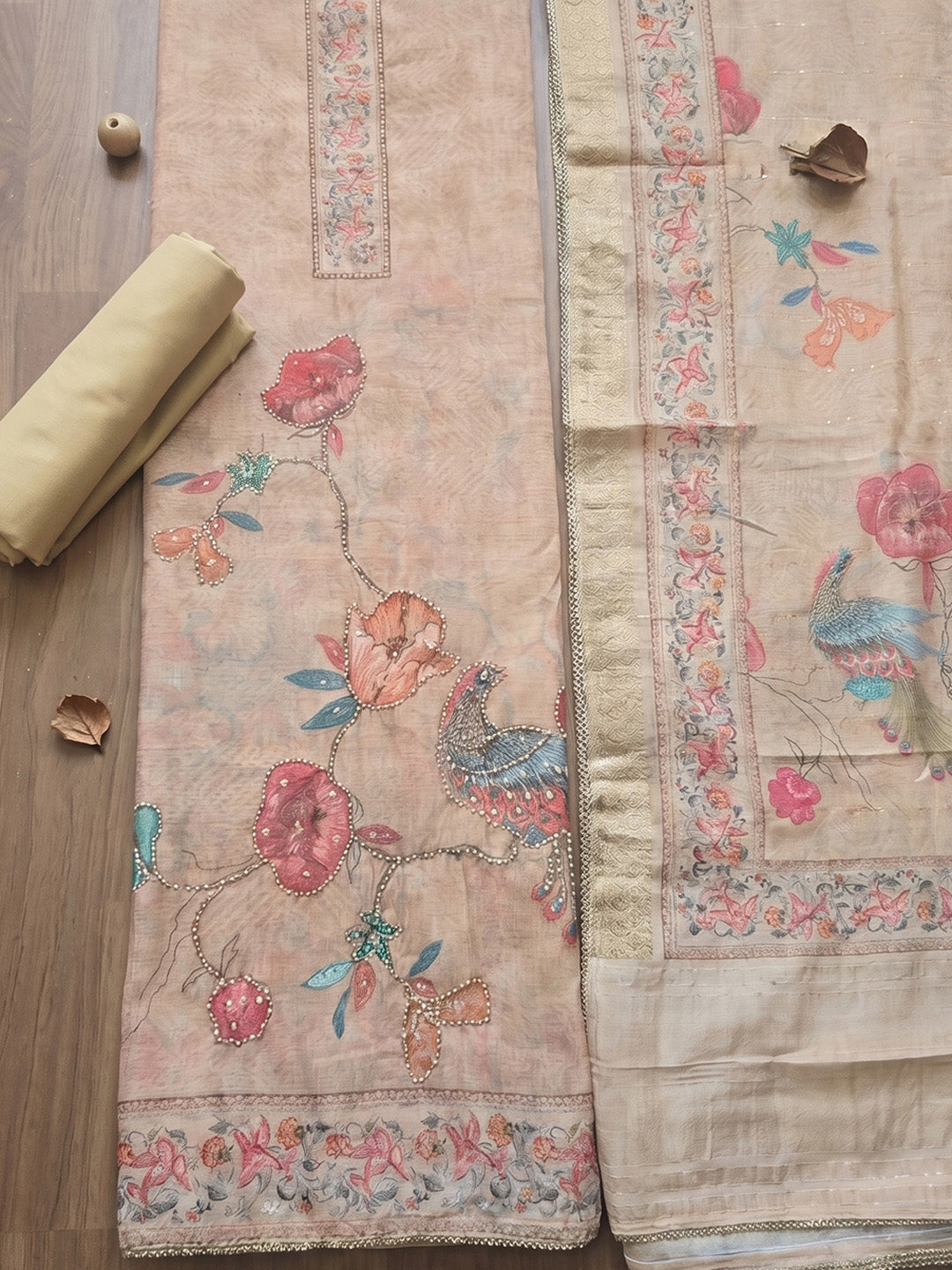 Printed Chanderi Unstitched Suit With Pant &amp; Dupatta