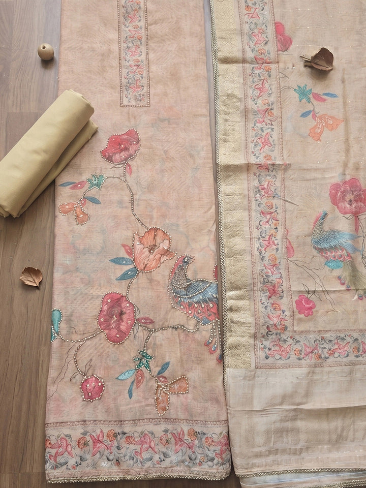Printed Chanderi Unstitched Suit With Pant &amp; Dupatta