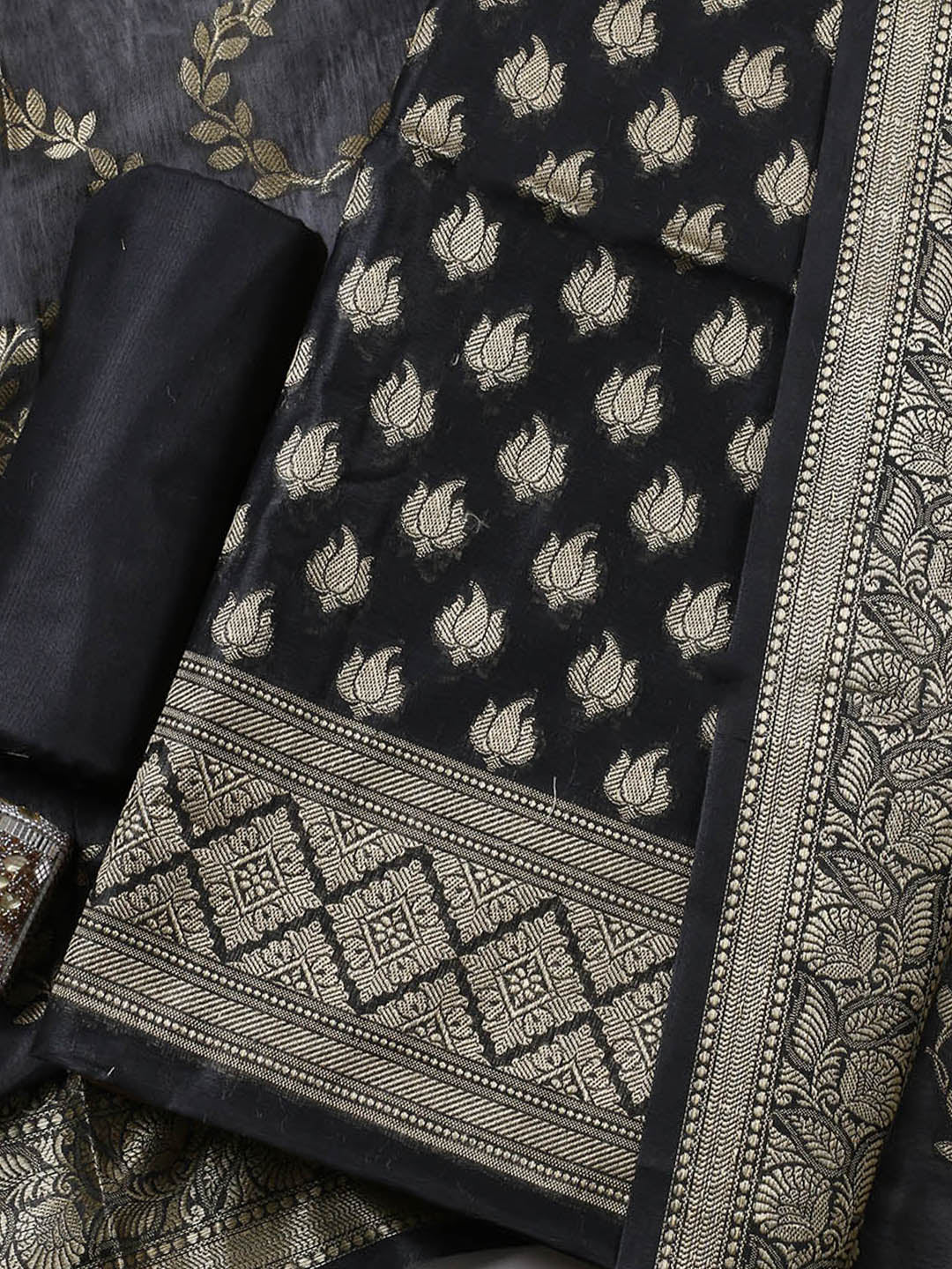Banarasi Chanderi Unstitched Suit With Pant &amp; Dupatta