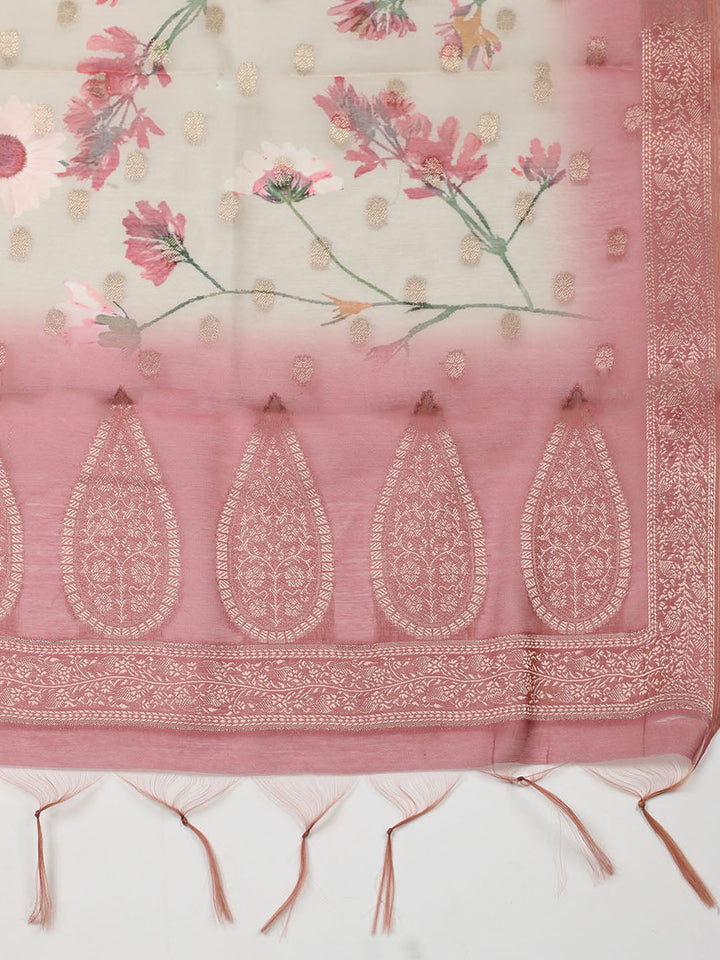 Embroidered Chanderi Unstitched Suit With Pant &amp; Dupatta