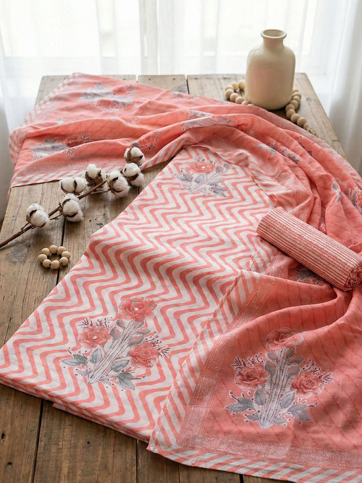 Printed Cotton Blend Unstitched Suit With Pant &amp; Dupatta