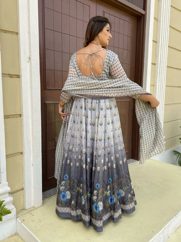 Floral Printed Anarkali Kurta With Churidar & Dupatta