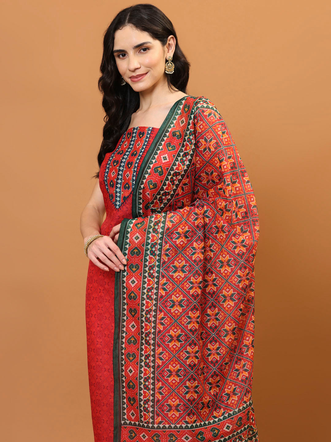 Printed Chanderi Unstitched Suit Piece With Dupatta
