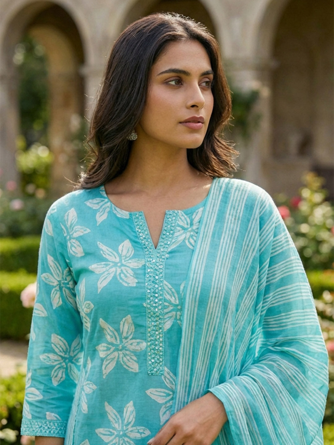 Printed Cotton Blend Kurta With Pant &amp; Dupatta