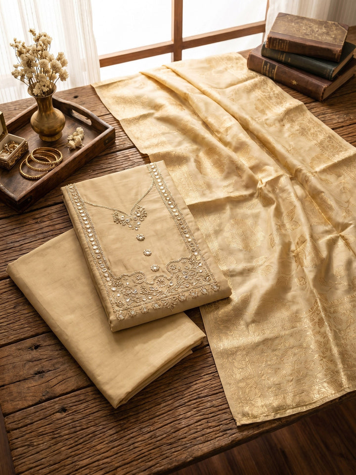 Neck Embroidered Cotton Blend Unstitched Suit With Dupatta