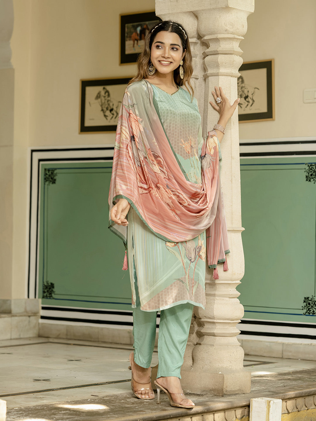 Printed Crepe Kurta With Pant &amp; Dupatta