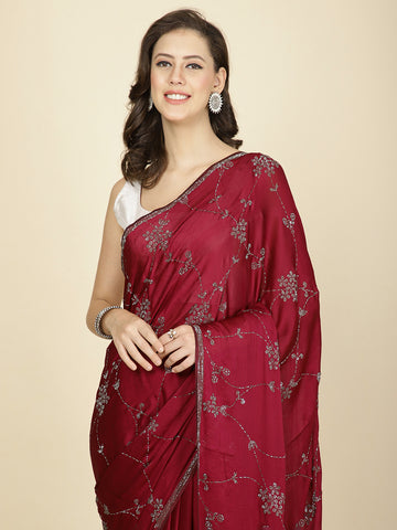 Stone Floral Embroidered Chiffon Handloom Saree