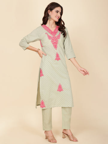 Printed & Neck Embroidered Cotton Kurta Set