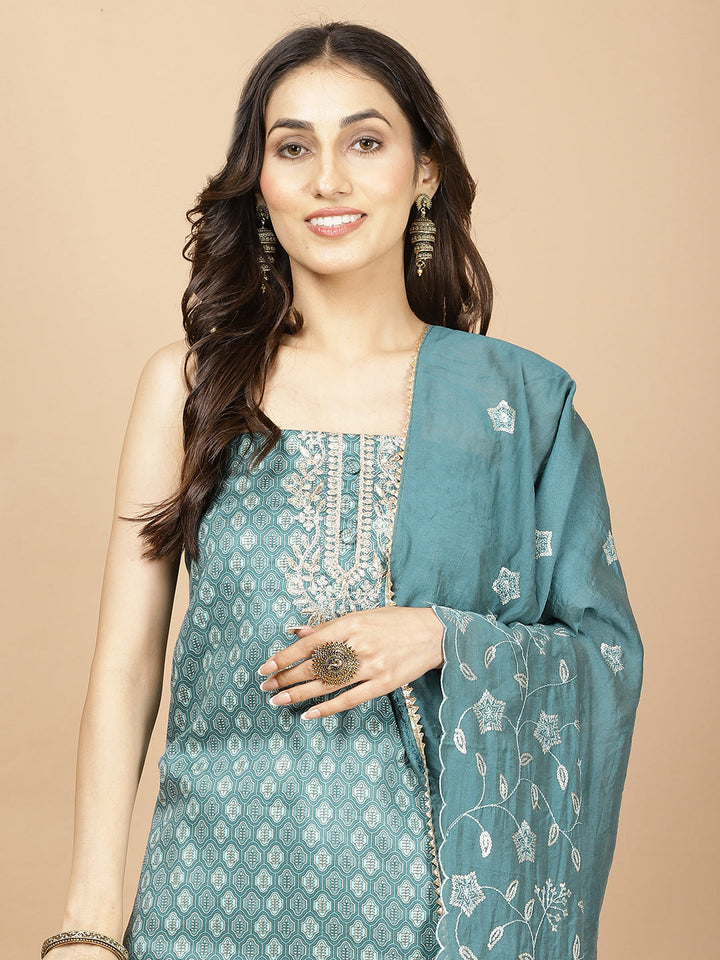 Neck Embroidered Cotton Blend Unstitched Suit Piece With Dupatta